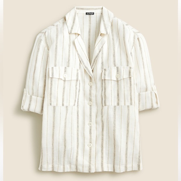 J. Crew Tops - J. Crew Cream Camp-collar Shirt In Stripe Featherweight Linen Blend Size 00